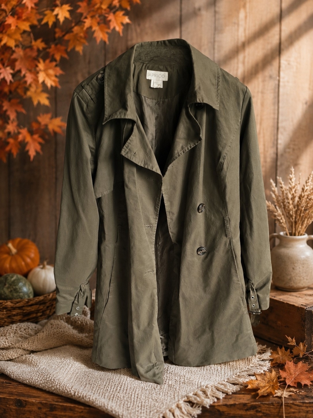 APRICOT Olive Green Double-Breasted Trench Coat